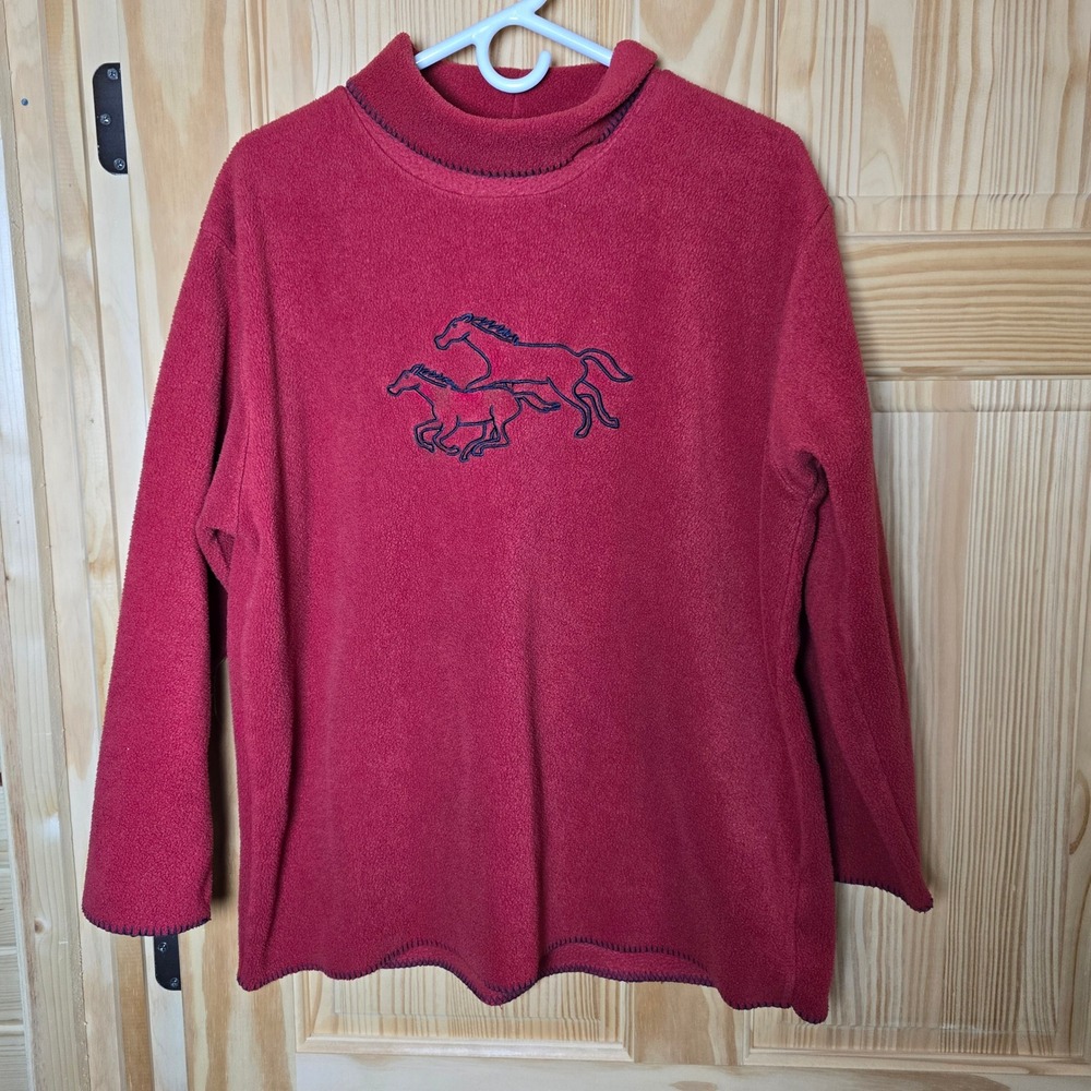 Vtg Christopher & Banks XL Pullover 1/2 turtleneck fleece sweatshirt‎ Red Horses